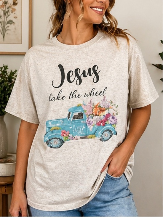 Tops - Graphic Tee - Cream with Blue Truck Design XL